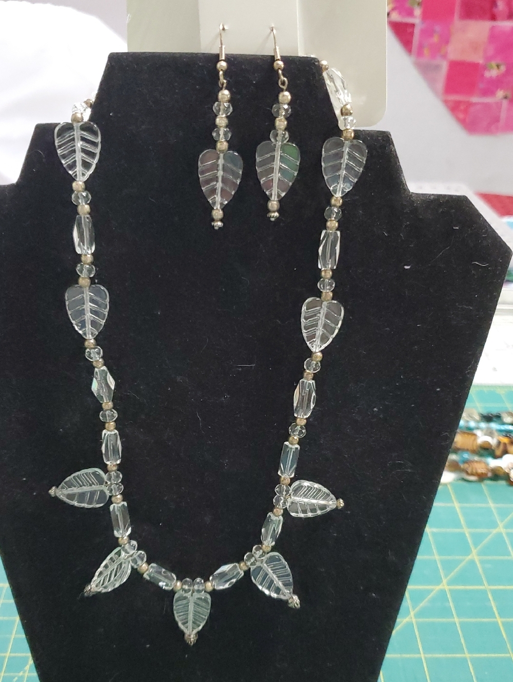 Clear Leaf Glass Bead Necklace and Earring Set - Elegant Women’s Jewelry